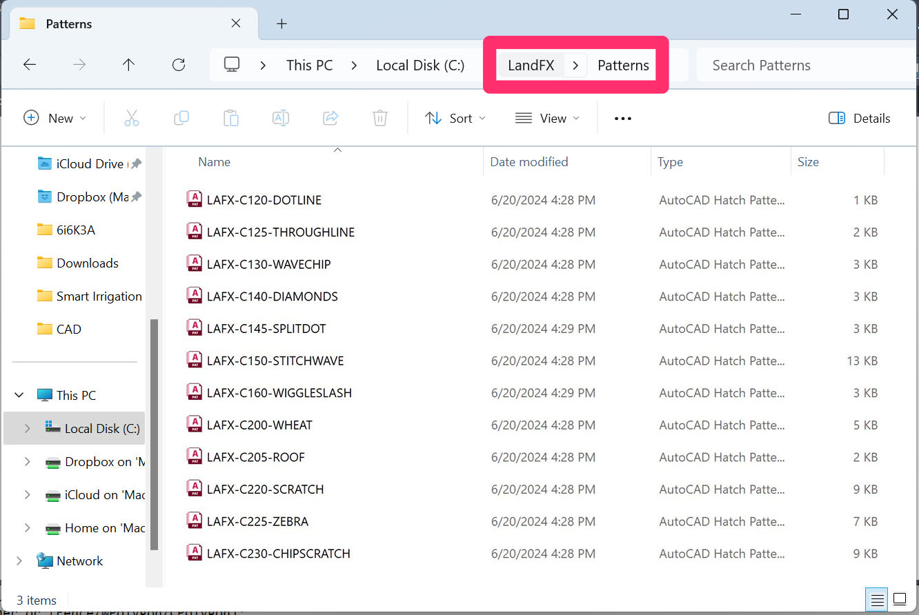 LandFX/Patterns folder showing hatch files to back up