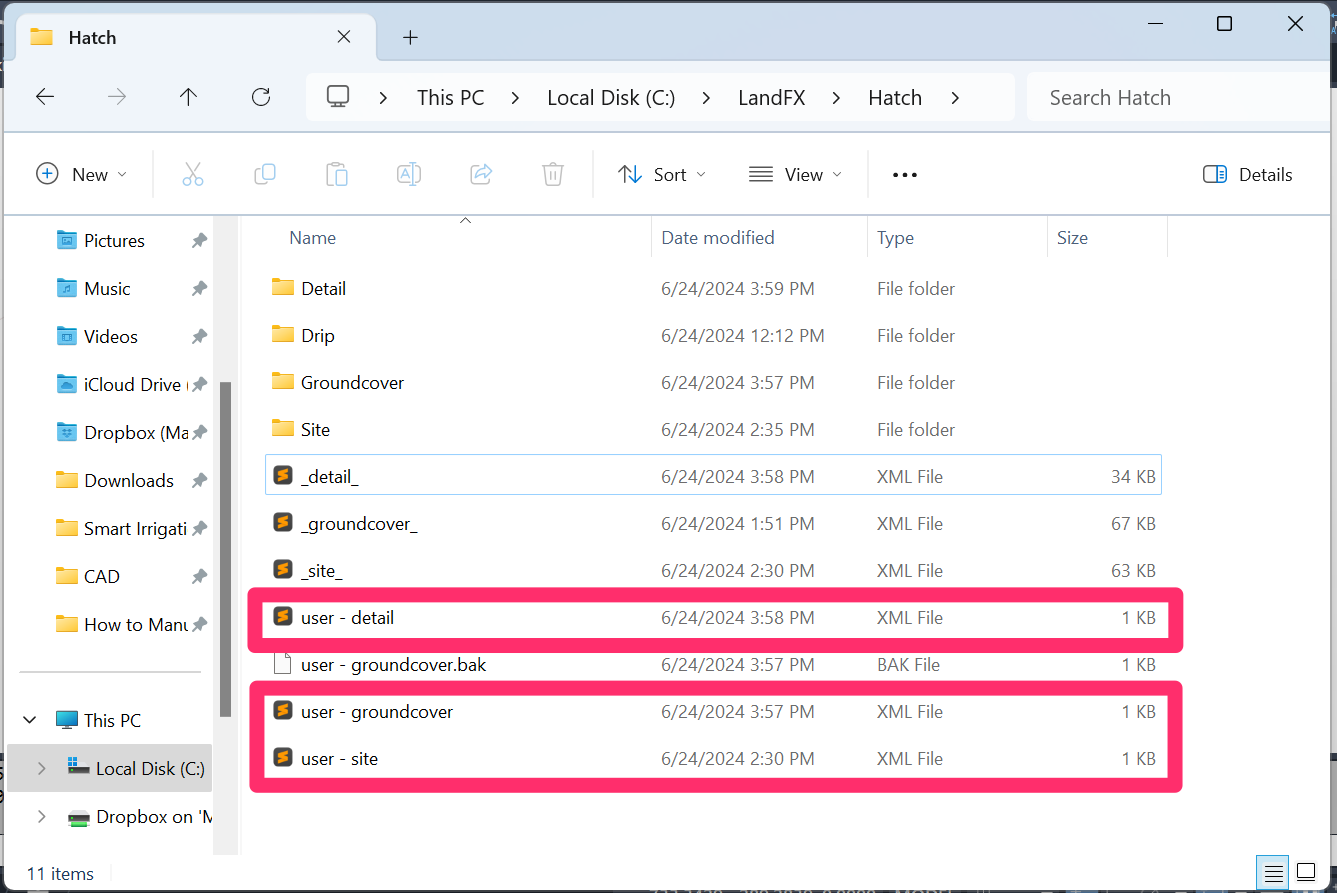 LandFX/Hatch folder showing XML files to back up