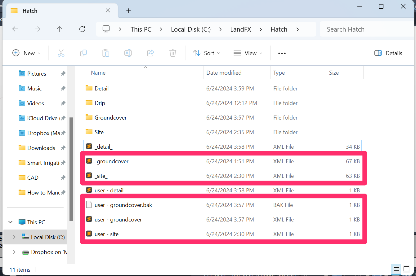 LandFX/Hatch folder showing XML and BAK files to delete