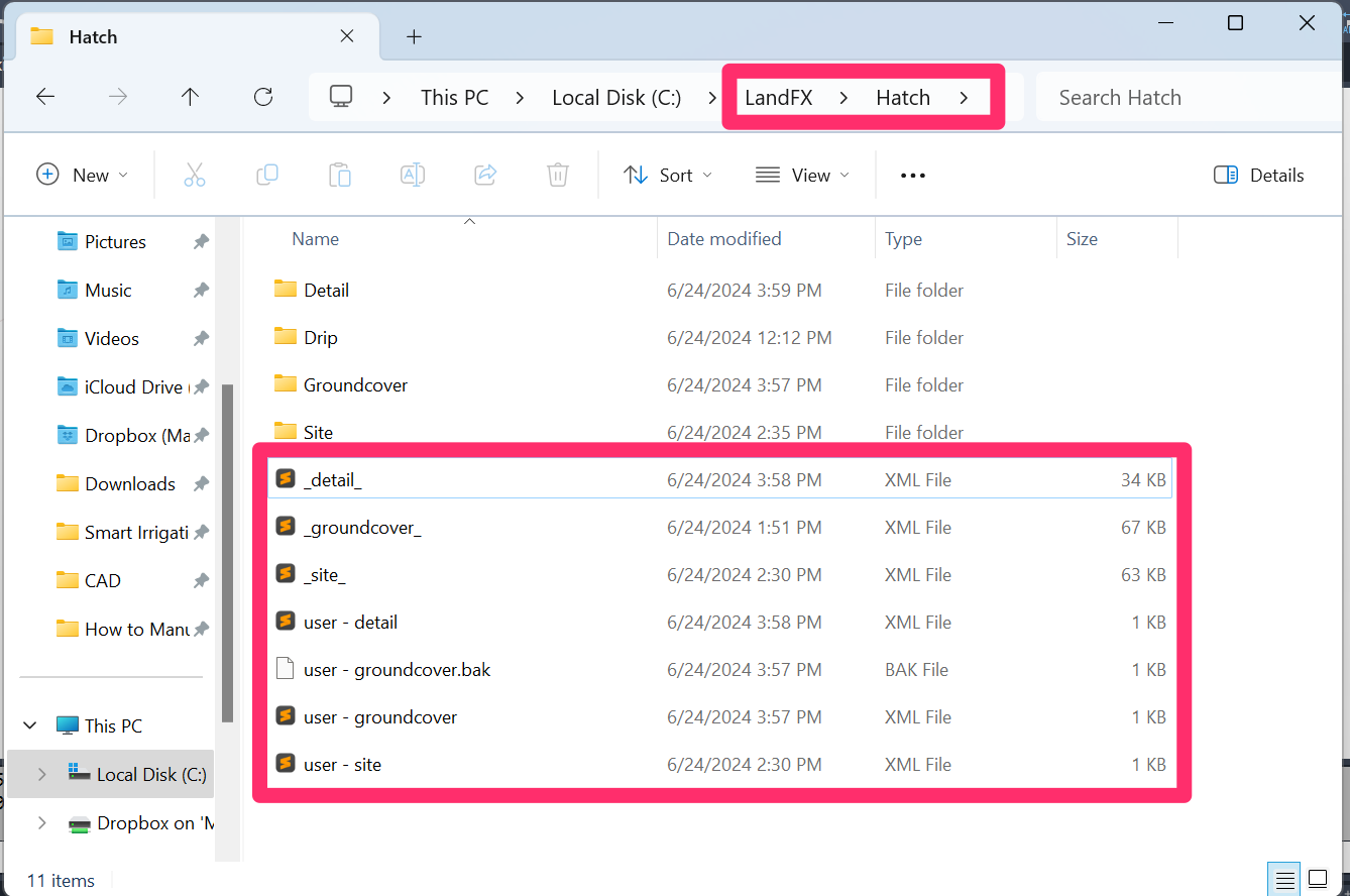 LandFX/Hatch folder showing XML files to delete