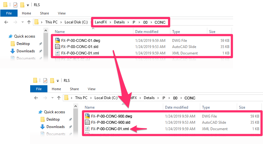 DWG and SLD files associated with a detail have been renamed, but the name of the XML file has not been changed