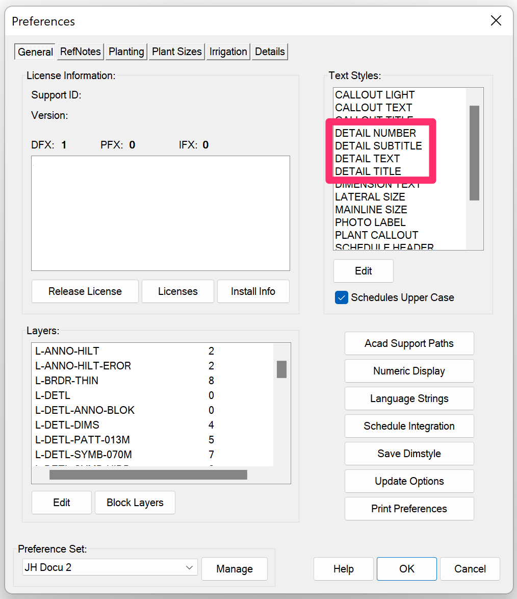 General Preferences screen showing Detail Number, Detail Subtitle, Detail Text, and Detail Title Text Styles