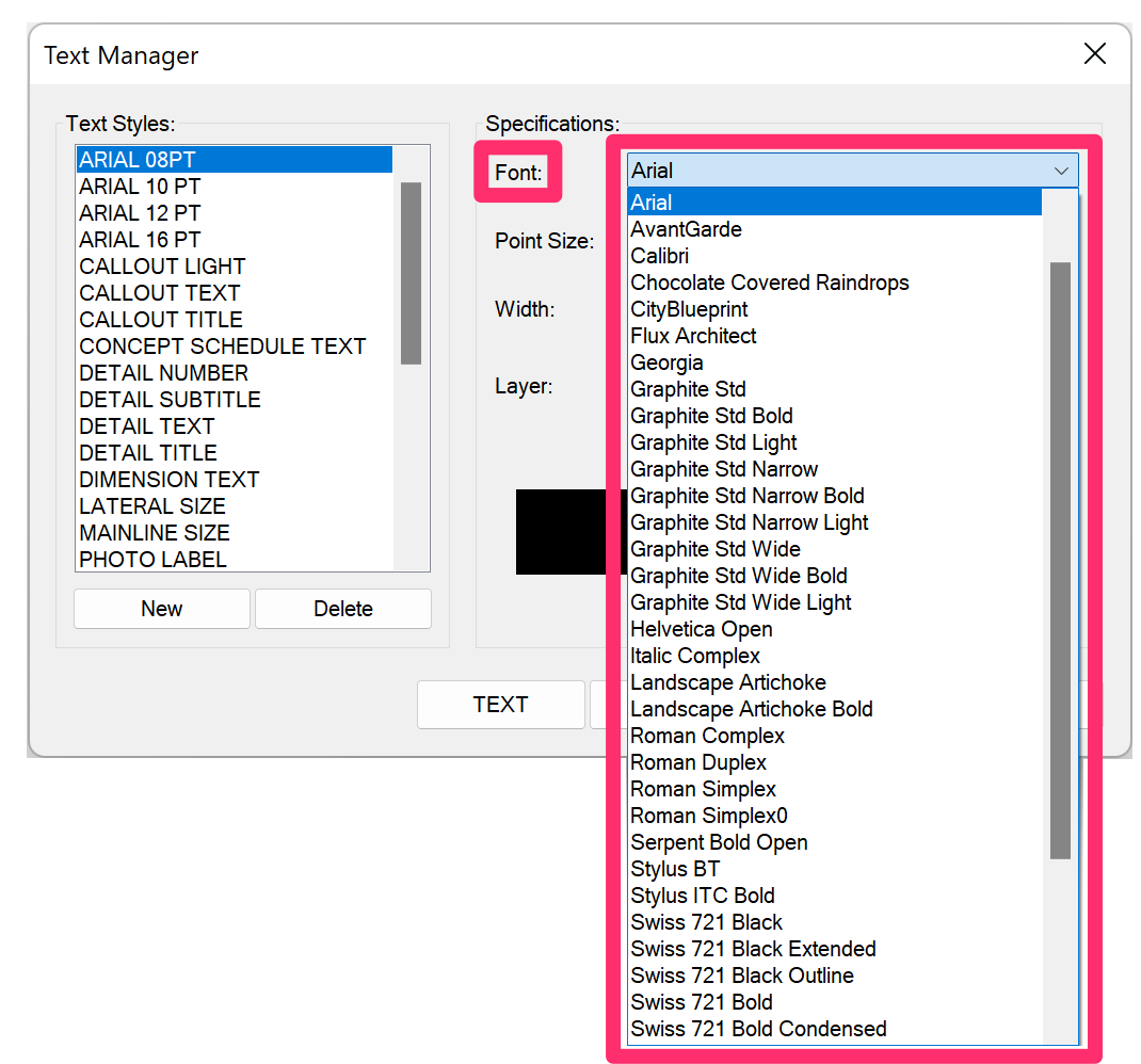 Text Manager, Font menu