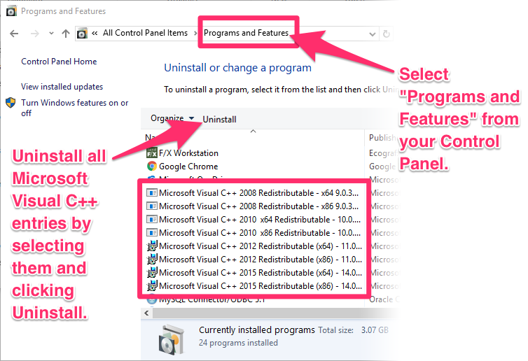 Uninstalling all Microsoft C++ entries