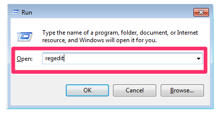 Typing Regedit in the Open field in the Run dialog box