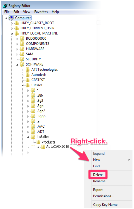 Deleting an AutoCAD key from the Resistry Editor