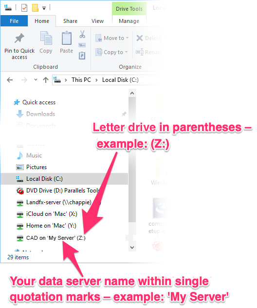 Data Server Name appearing within single quotation marks next to the letter drive