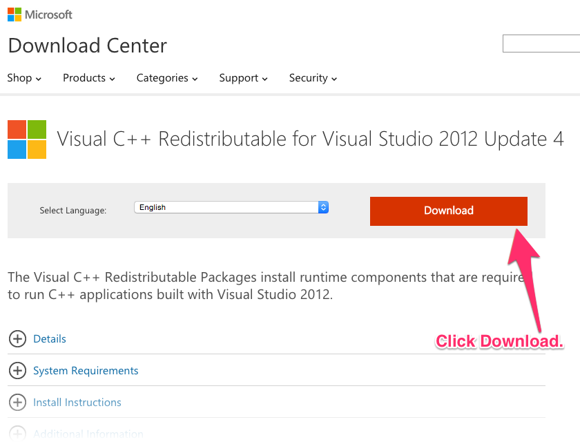 Загрузите пакет visual c redistributable для visual studio 2012 update 4 и запустите его