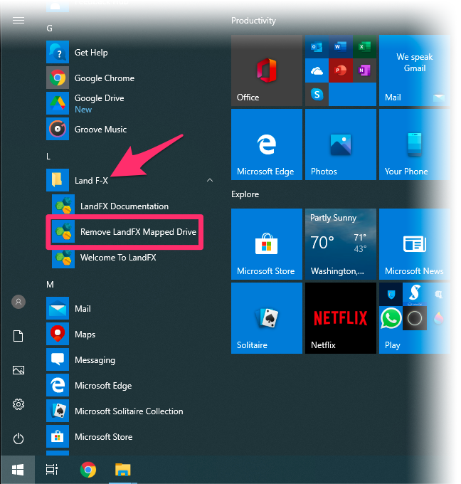 Land F-X option in Windows Start menu, Remove LandFX Mapped Drive suboption