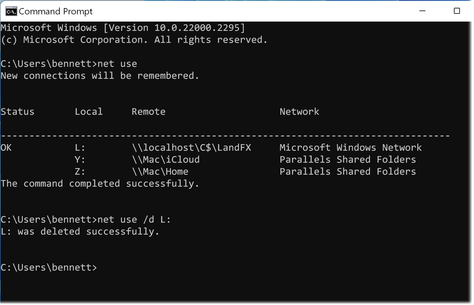 Command prompt showing removal of a drive using the net use command