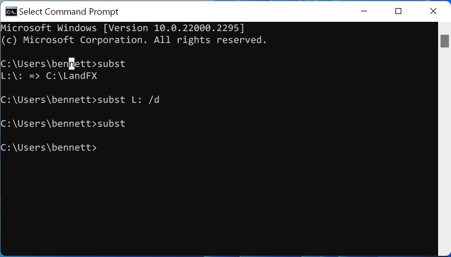 Command prompt showing removal of a drive using the subst command