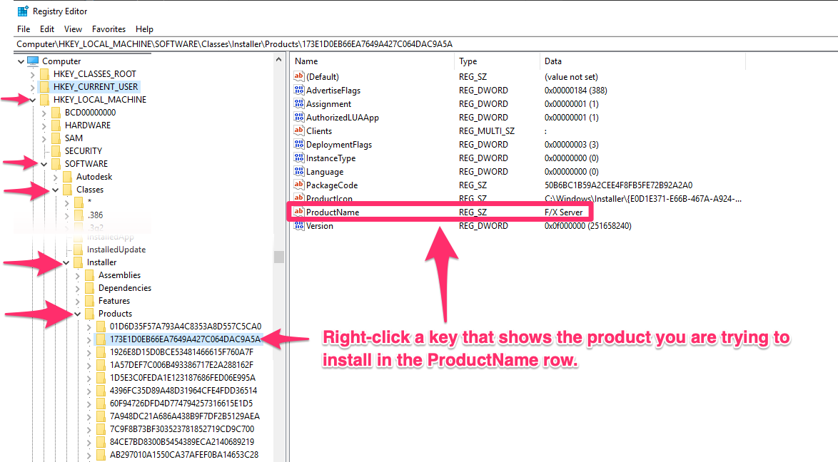 Example showing Land F/X Server as ProductName for selected subfolder