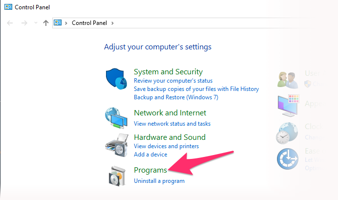 Control Panel, Programs option