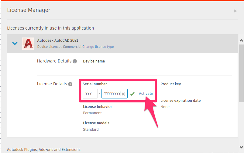 License Manager, Entering the correct Serial Number in the text field