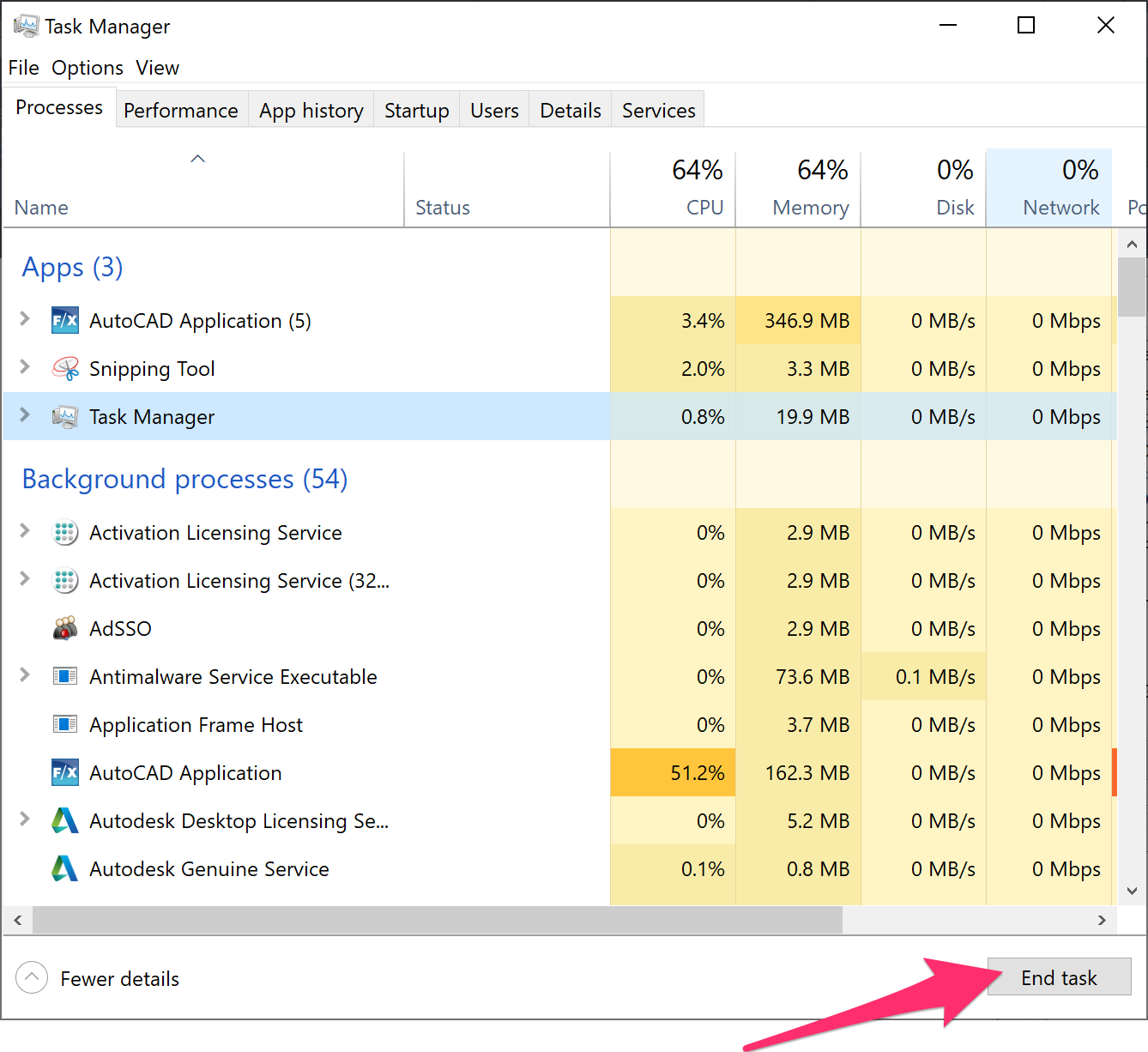 Tadsk Manager dialog box, Process tab, End Task button