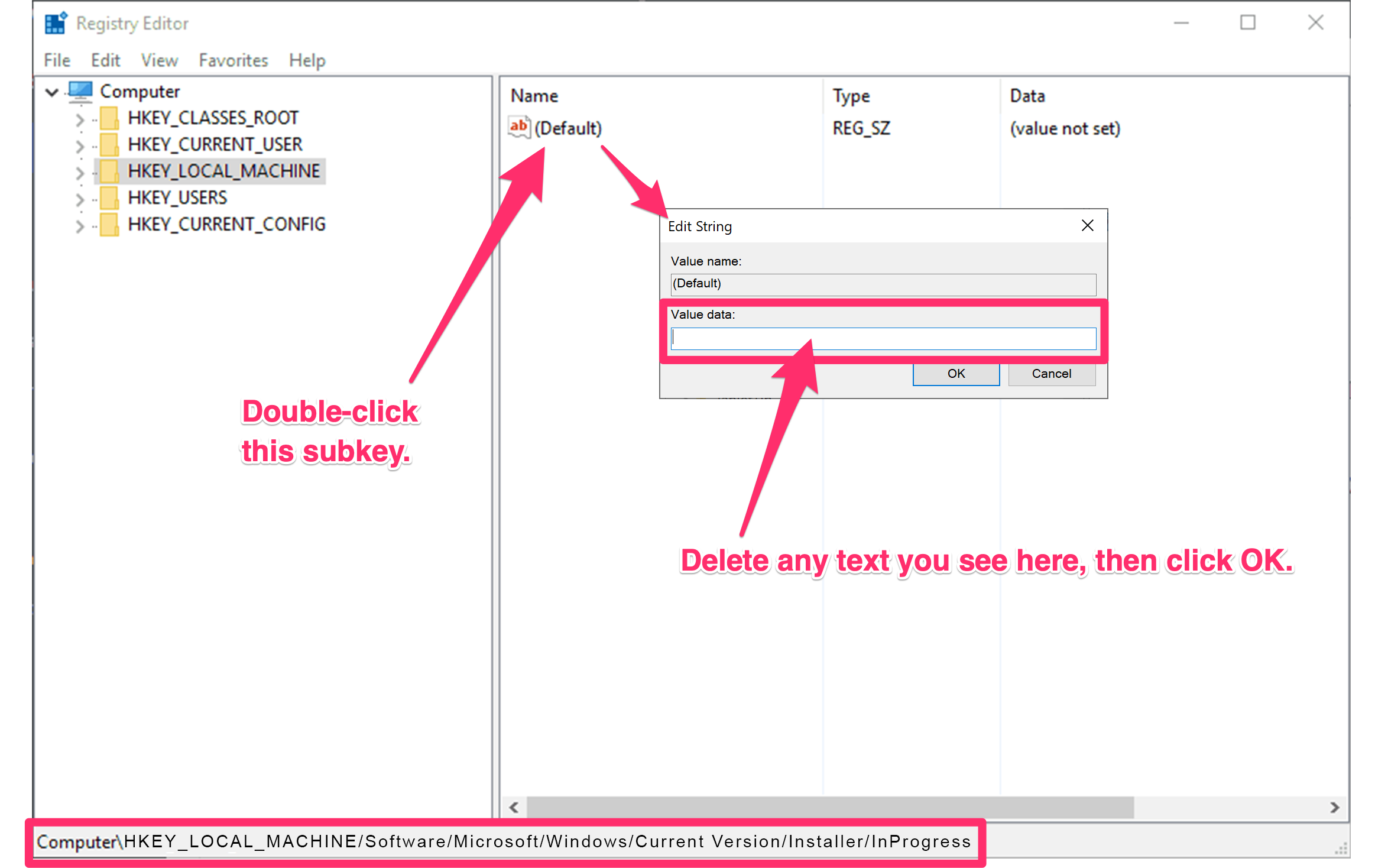 Editing the registry subkey HKEY_LOCAL_MACHINE/Software/Microsoft/Windows/Current Version/Installer/InProgress and deleting the text in the Value Data field