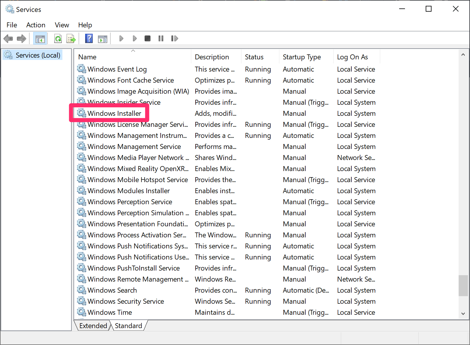 Services screen, Windows Installer service