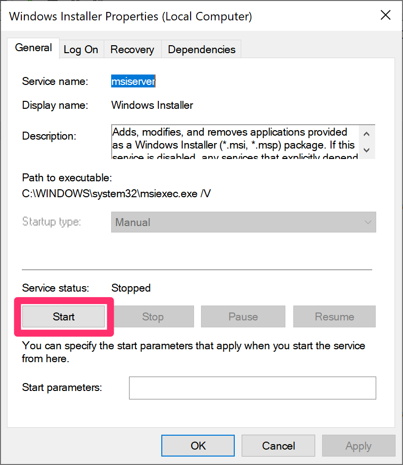 Windows Installer Properties dialog box, Start and Apply buttons