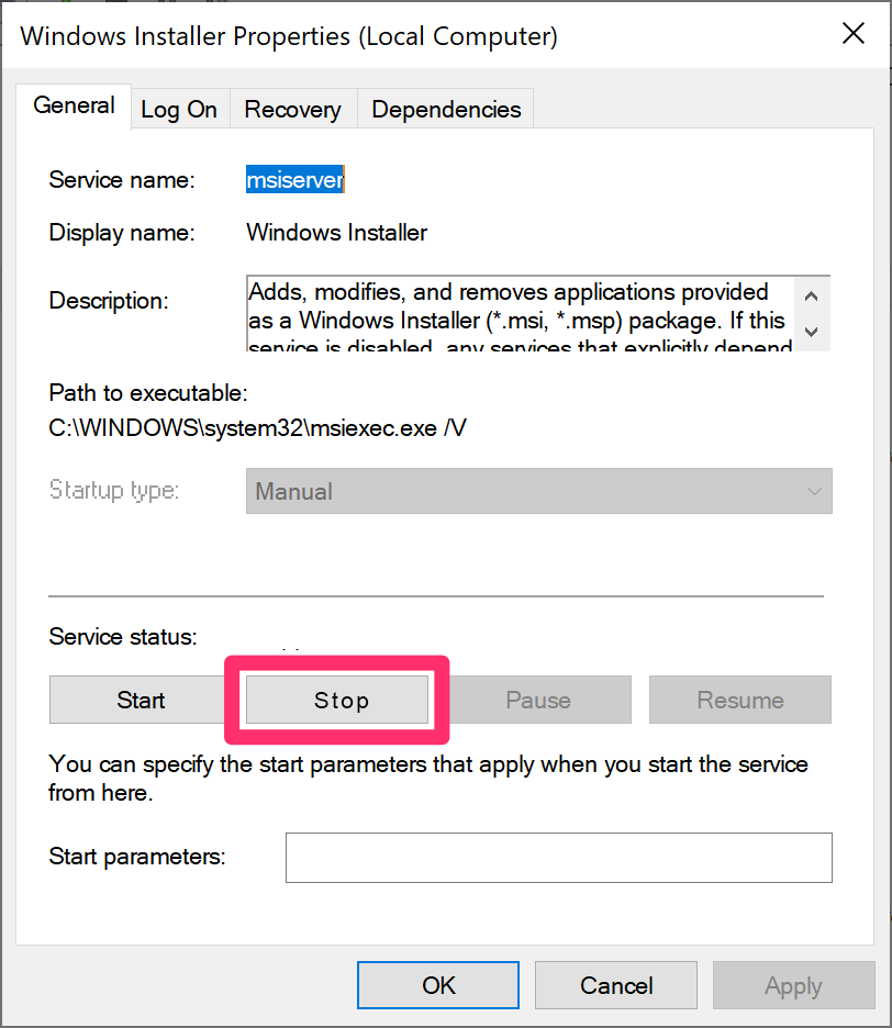 Windows Installer Properties dialog box, Stop button and Apply button