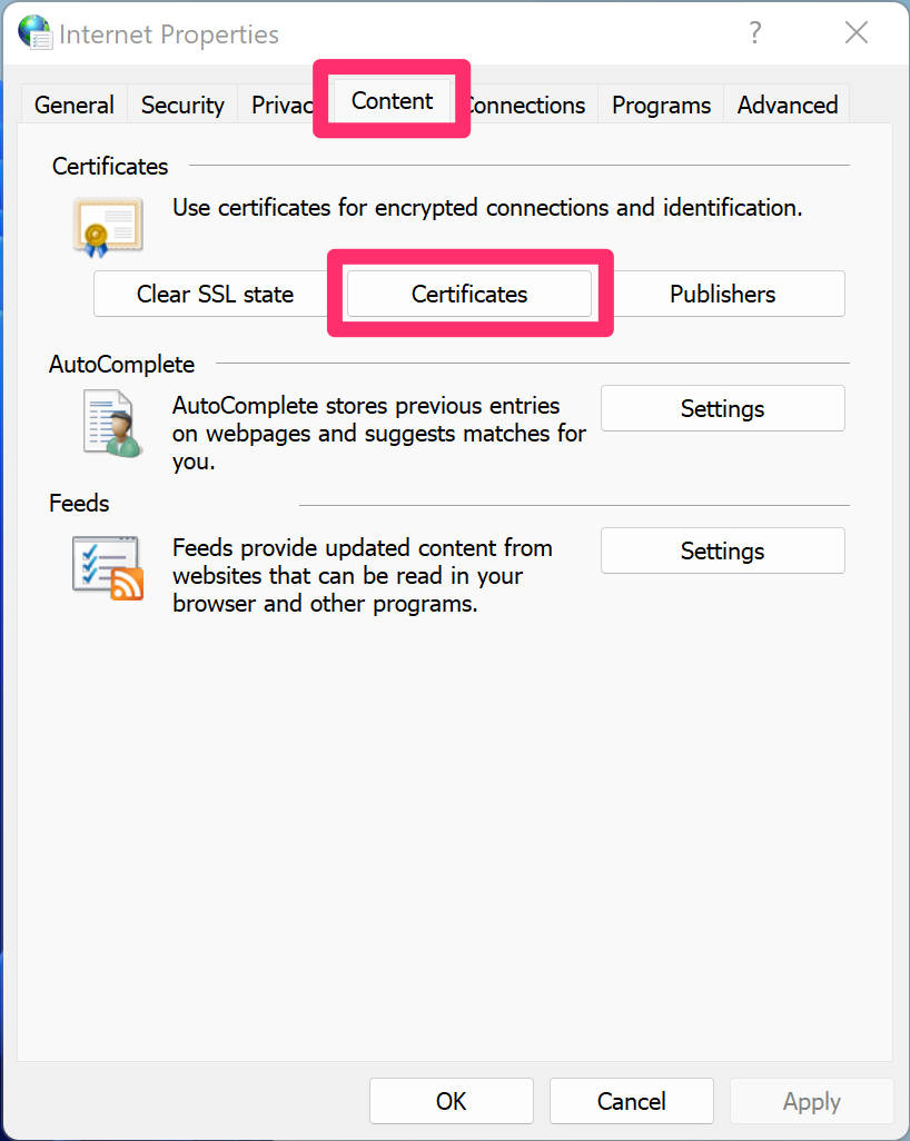 Internet Properties dialog box, Content tab, Certificates option