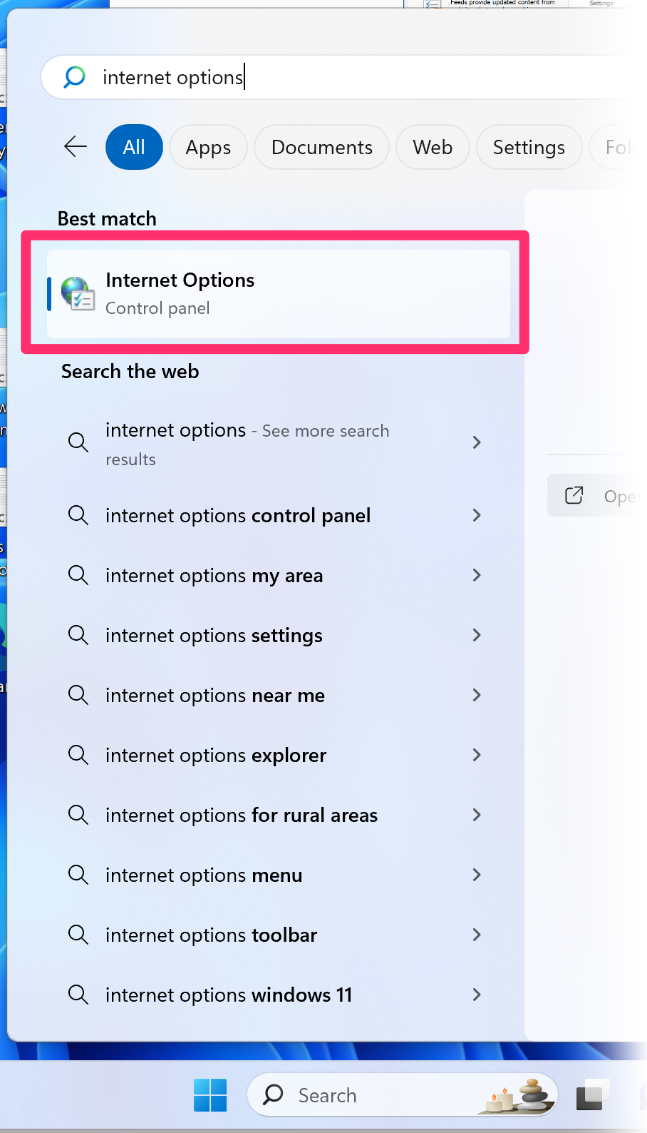 Windows Start Menu showing Internet Options entry