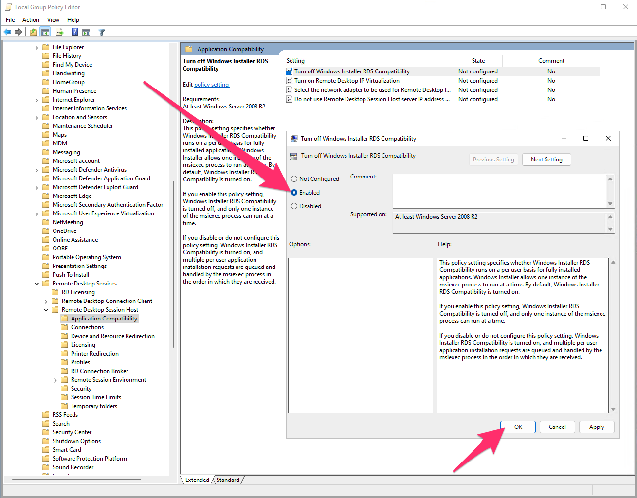 Turn Off Windows Installer RDS Compatibility dialog box, Enabled option and OK button