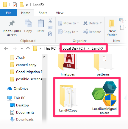 LandFX folder on old server containing folder LandFXCopy and file LocalDataMigration