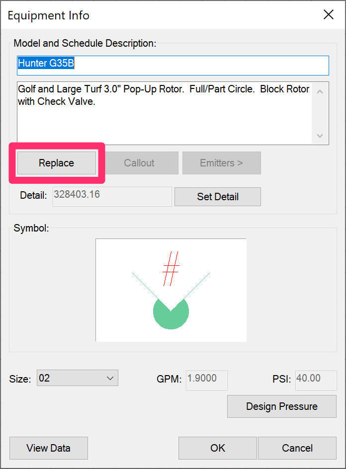 Equipment Info dialog box, Replace button