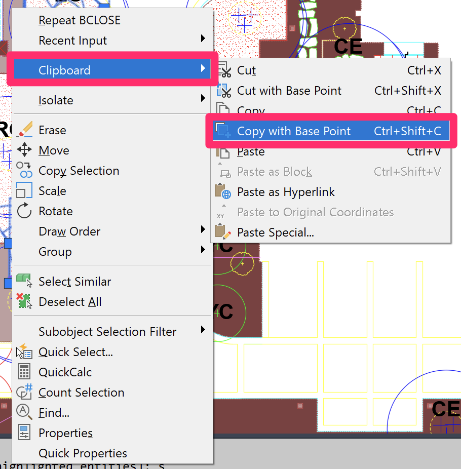 Clipboard option in menu, Copy with base point option in submenu