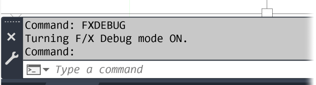 F/X Debug Mode ON status in the CAD Command line