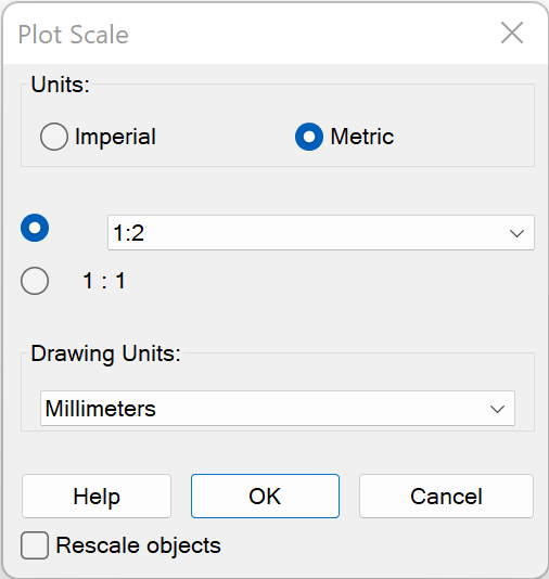 Plot Scale dialog box showing metric units and scale selected