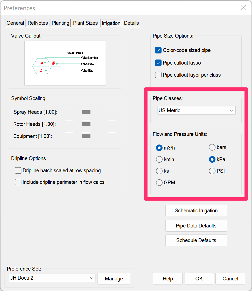 Irrigation Preferences screen showing metric units selected