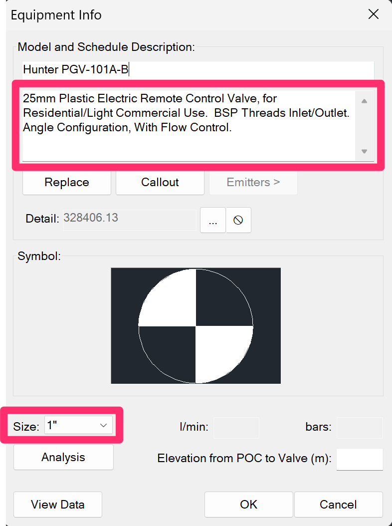 Equipment Info dialog box for a valve showing millimeters in the description but inches in the valve size