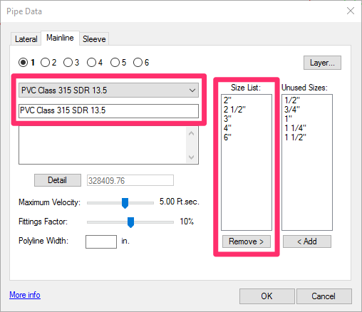 Pipe Data dialog box, pipe class and sisez settings