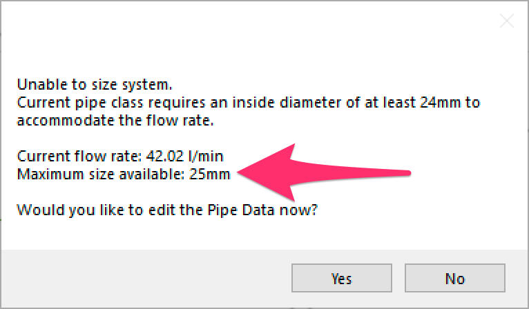 Error message showing required inner pipe diameter