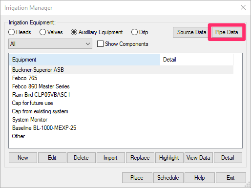 Irrigation Manager, Pipe Data button