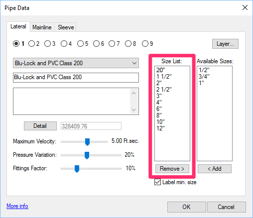 Pipe Data dialog box, Size List and Available Sizes