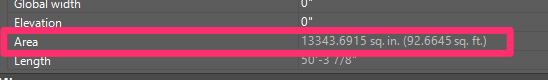 Properties panel showing a valid Area calculation for a selected polyline region