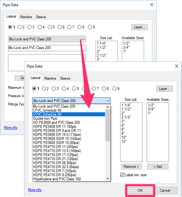 Pipe Data dialog box, selecting a different pipe classs from the pipe class menu