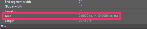 Properties panel showing no Area calculation for a selected polyline region