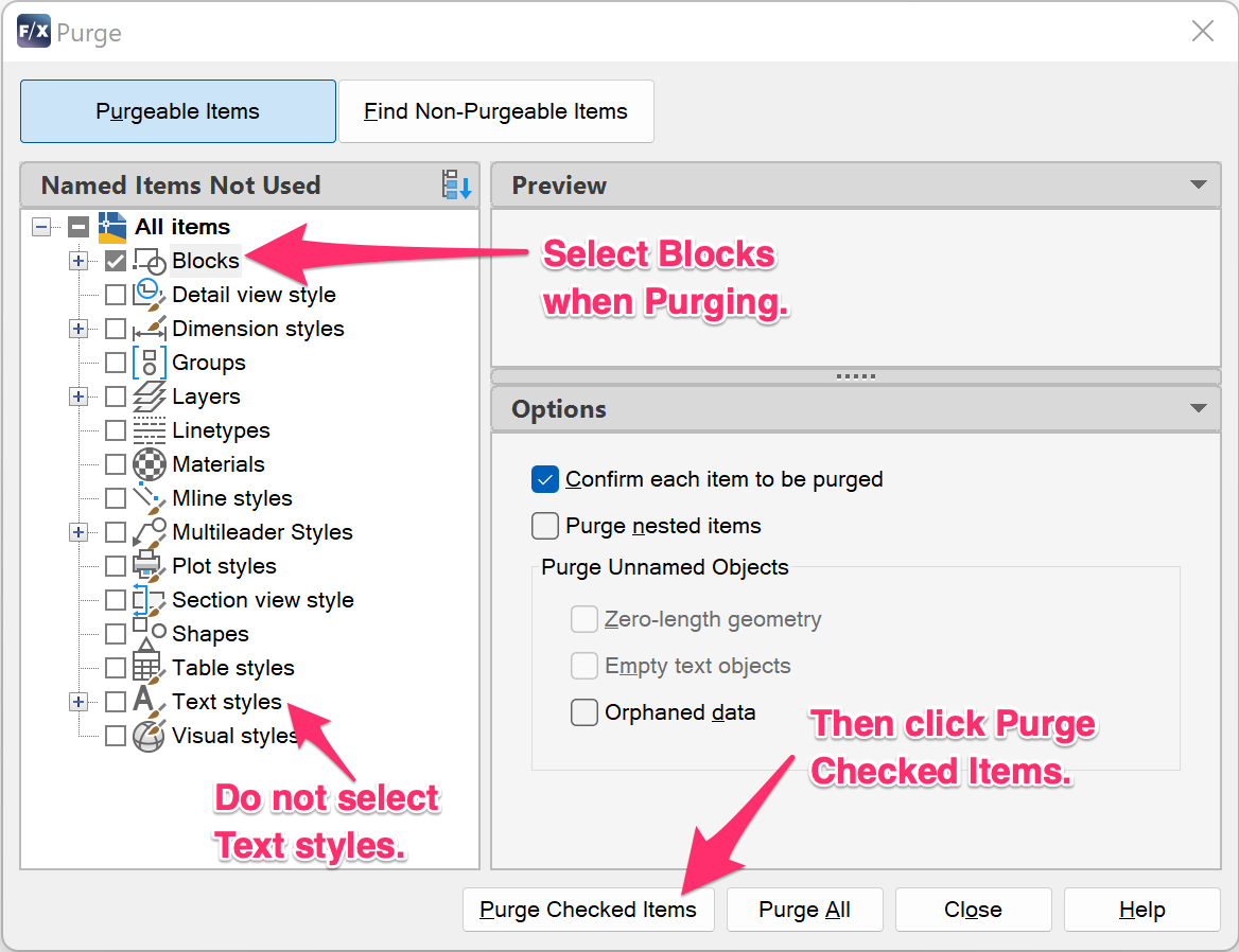 Purge dialog box, Blocks option