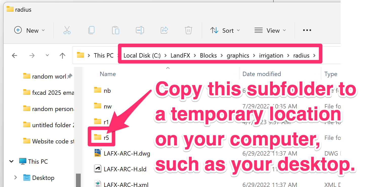 Copying the subfolder r5 from the location LandFX\Blocks\Graphics\Irrigation\radius