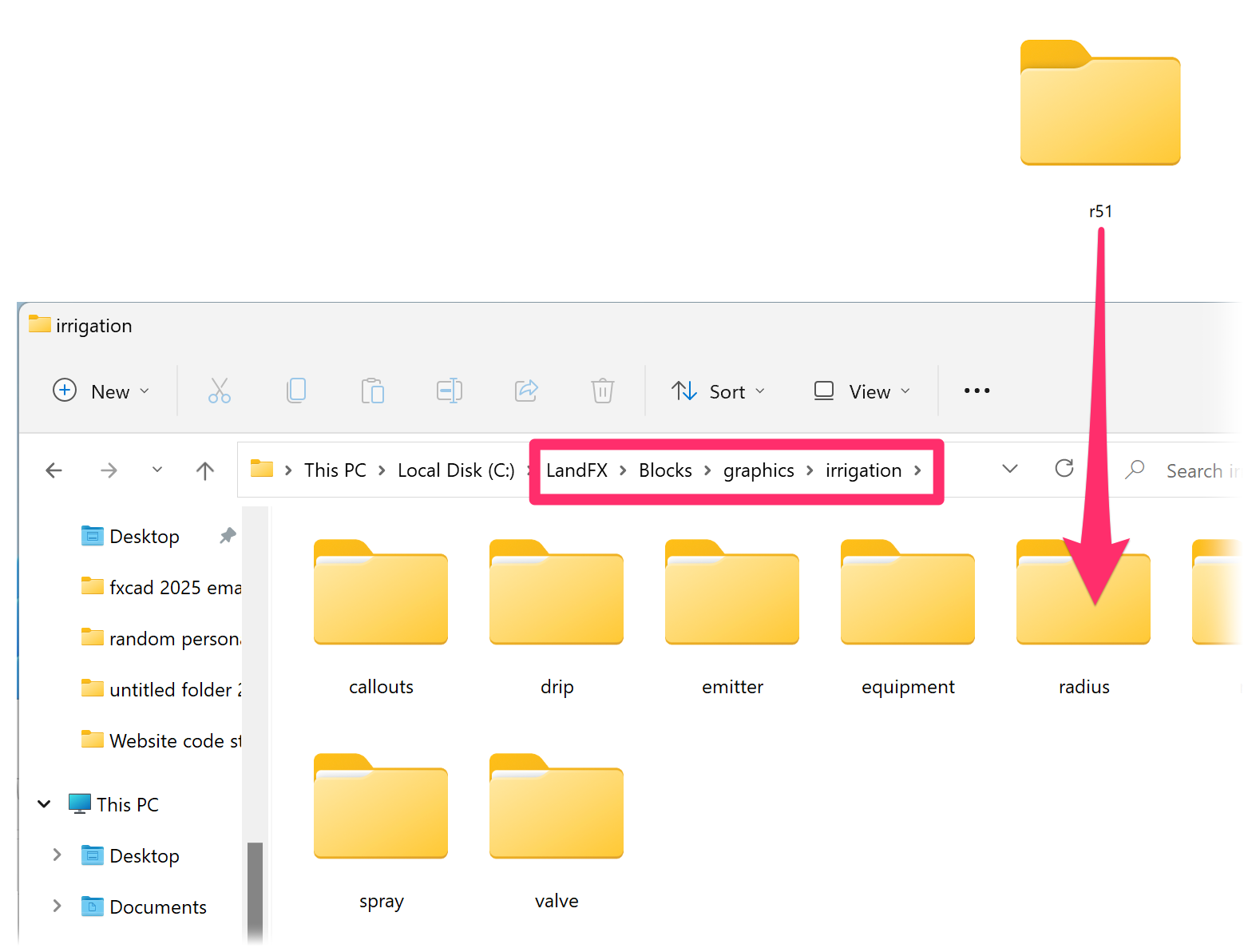 Moving the folder r51 into the location LandFX\Blocks\Graphics\Irrigation\radius