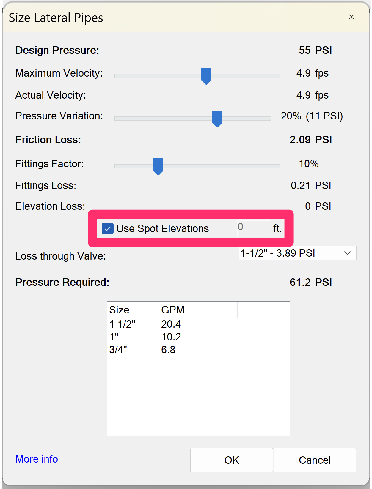 Size Lateral Pipes dialog box with the Use Spot Elevations option selected