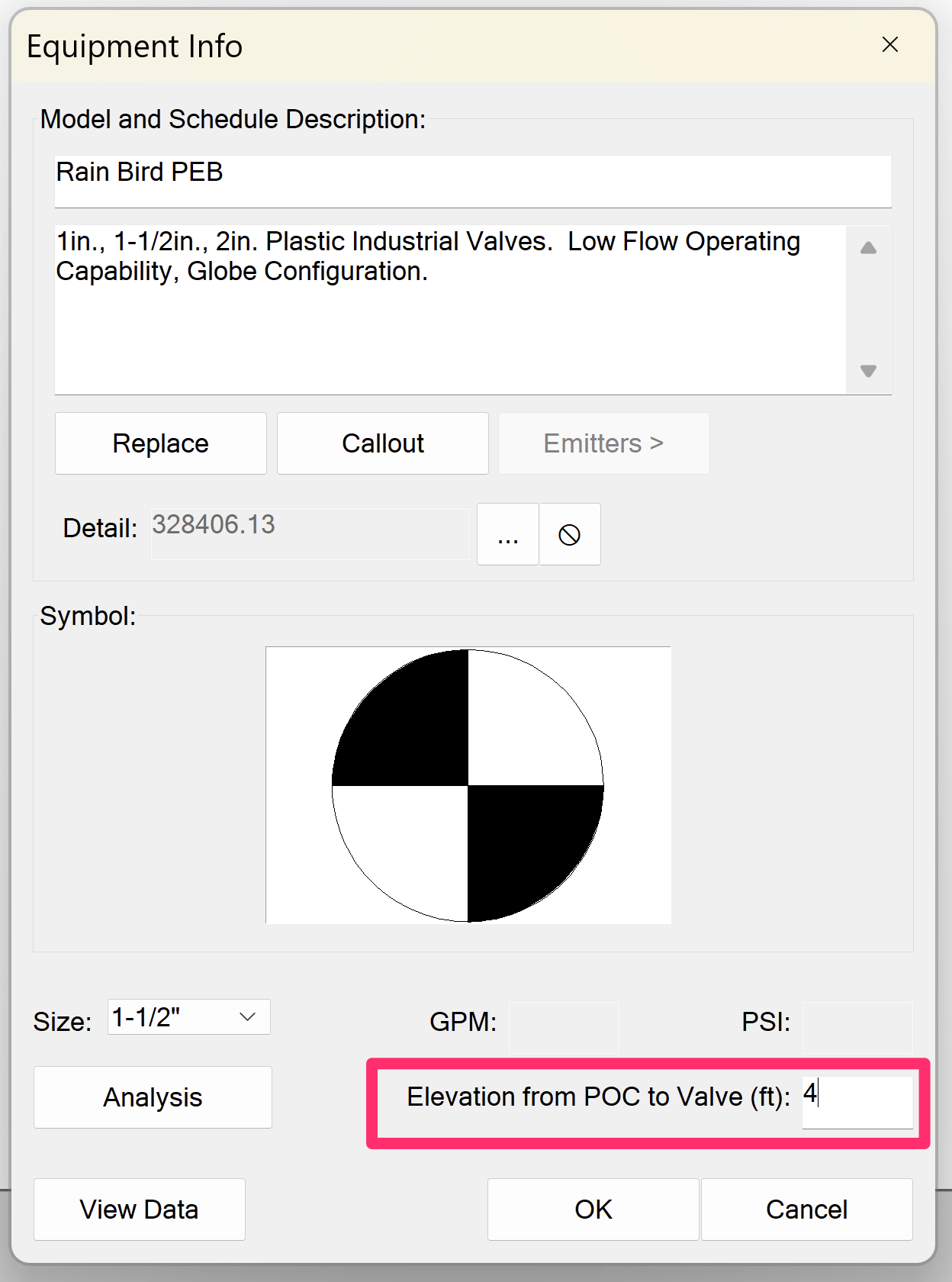 Equipment Info dialog box showing elevation data for a valve