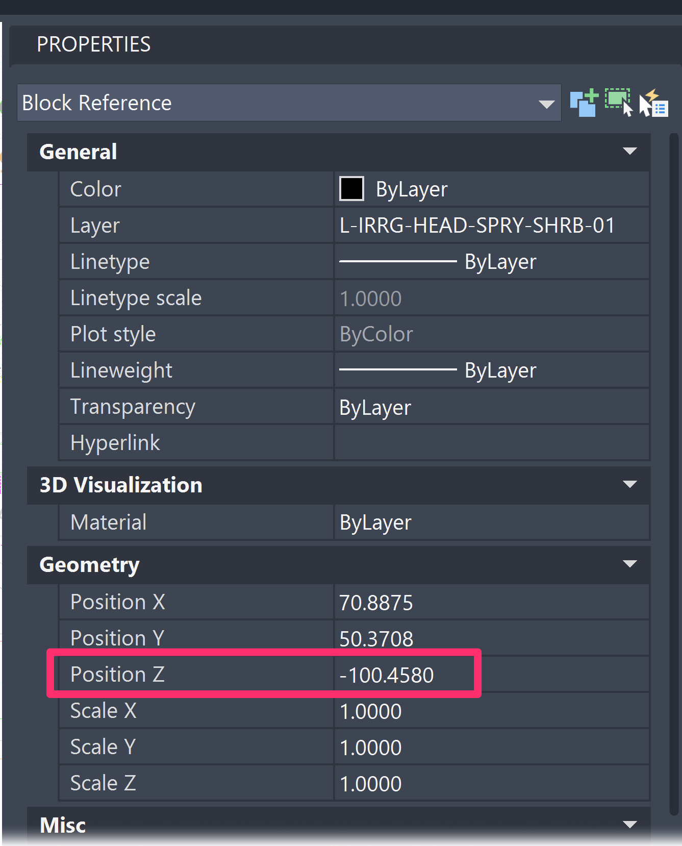 Properties panel showing a value other than 0 in the Position Z section under Geometry