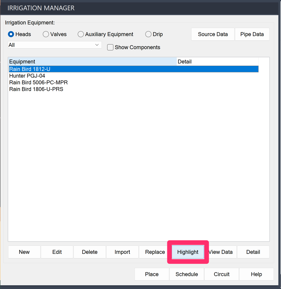 Highlight button in the Irrigation Manager
