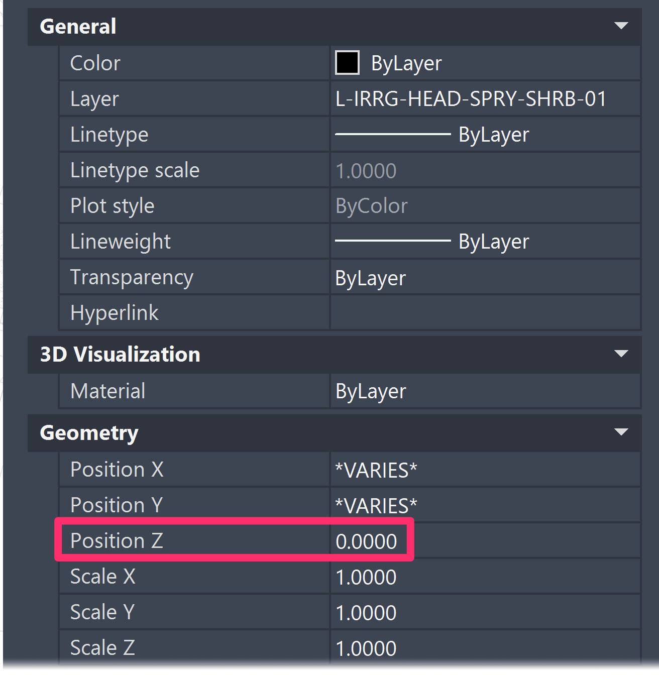 Properties panel showing a value of 0 in the Position Z section under Geometry