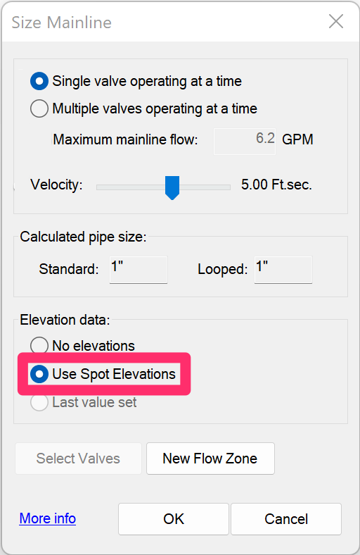 Size Mainline dialog box with the Use Spot Elevations option selected