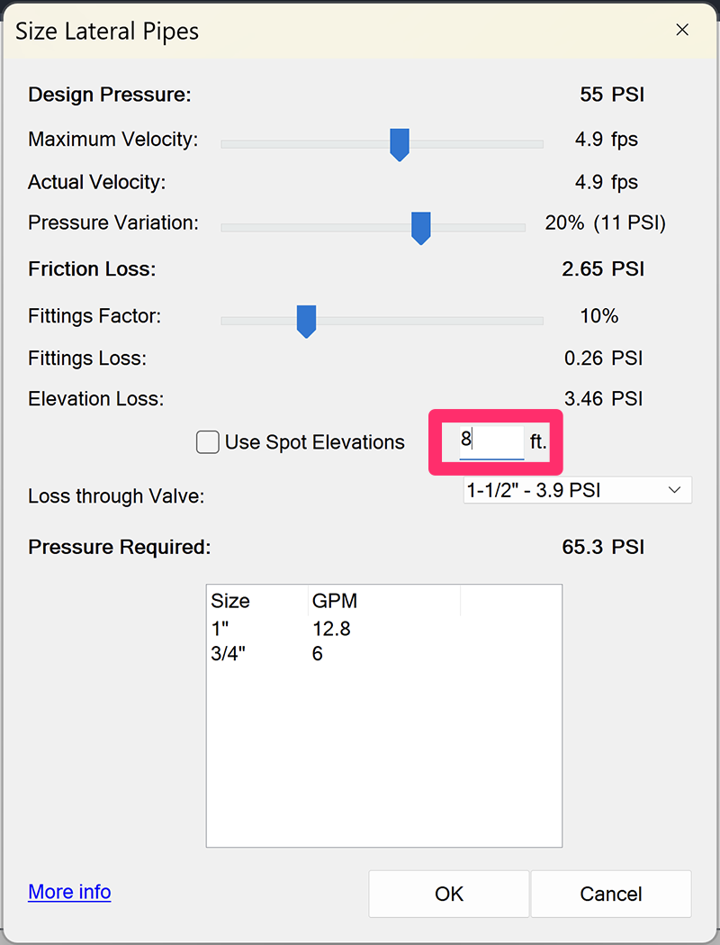 Size Lateral Pipes dialog box showing elevation data